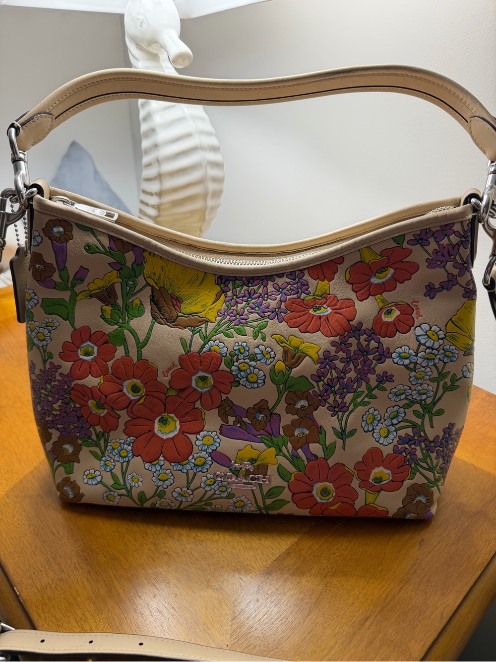 Coach Cream Floral Leather Tote and Matching Wallet with Multicolor Blooms - Picture 2 of 14